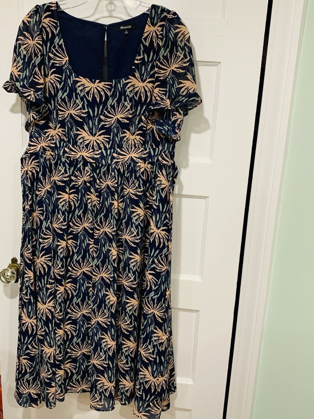 Madewell Midi Dress Size Medium Blue Peach Floral Puff Sleeve Square Neck